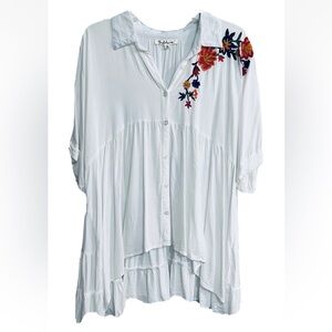 White Floral Embroidered Button-Down Short Sleeve Shirt
